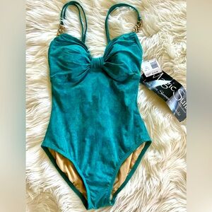 NWT MAGIC SUIT by MIRACLESUIT. One Piece Slenderizing Chain Straps Teal SZ 8